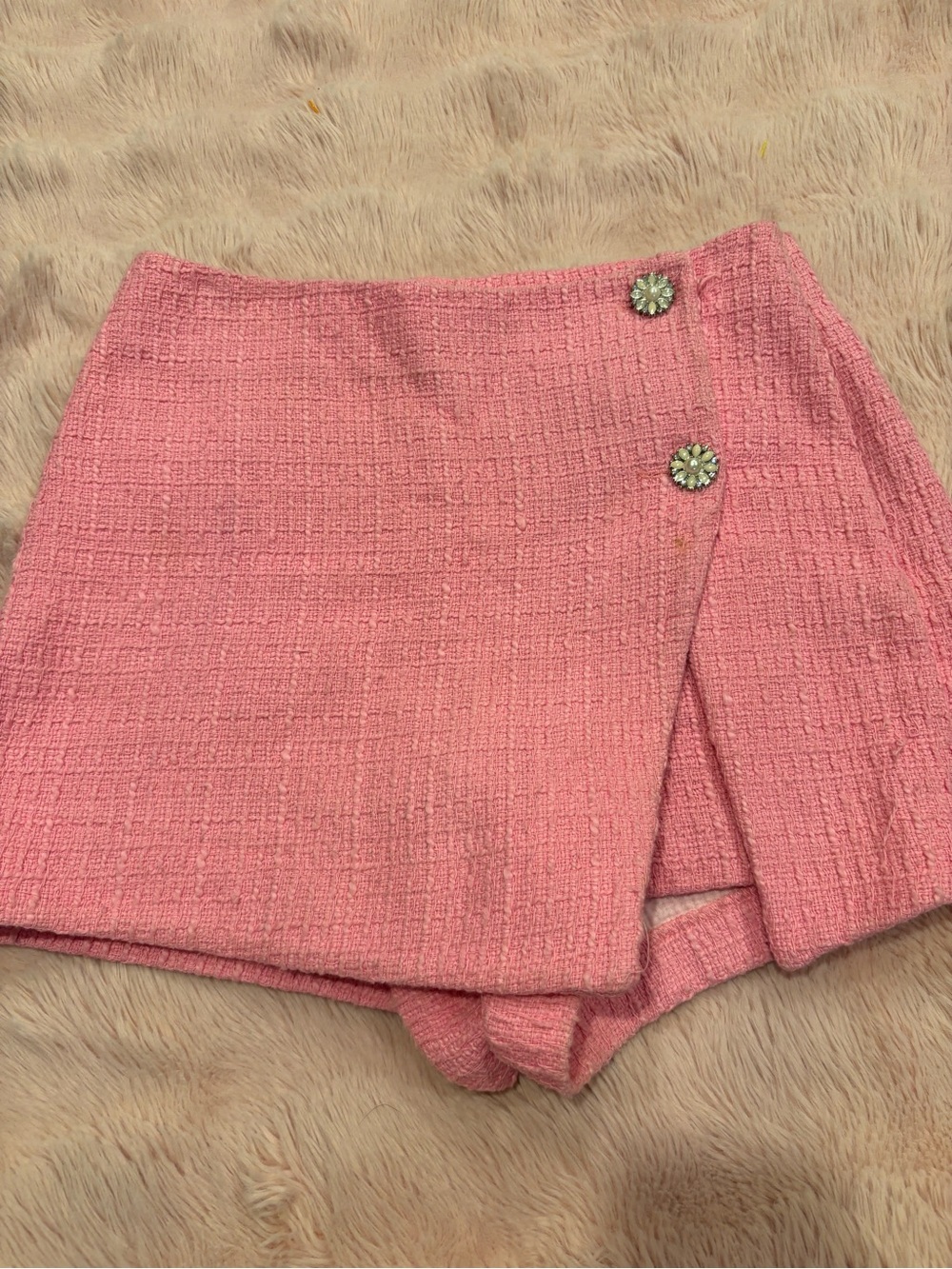 Zara Pink Tweed Wrap Skort with Decorative Buttons